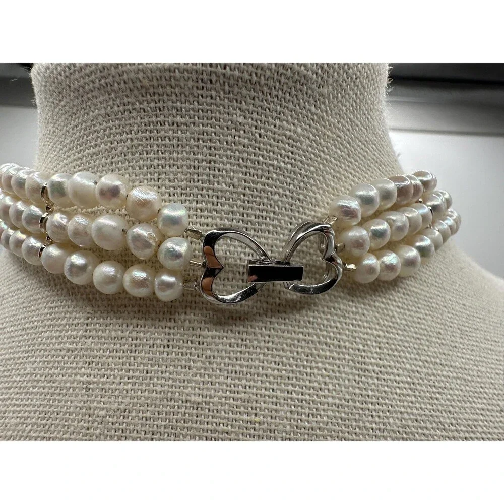 Triple-Strand Freshwater Pearl Collar, 925 sterling silver, White natural pearl